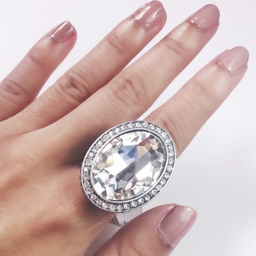 Large Silver Rhinestone Cocktail Ring
